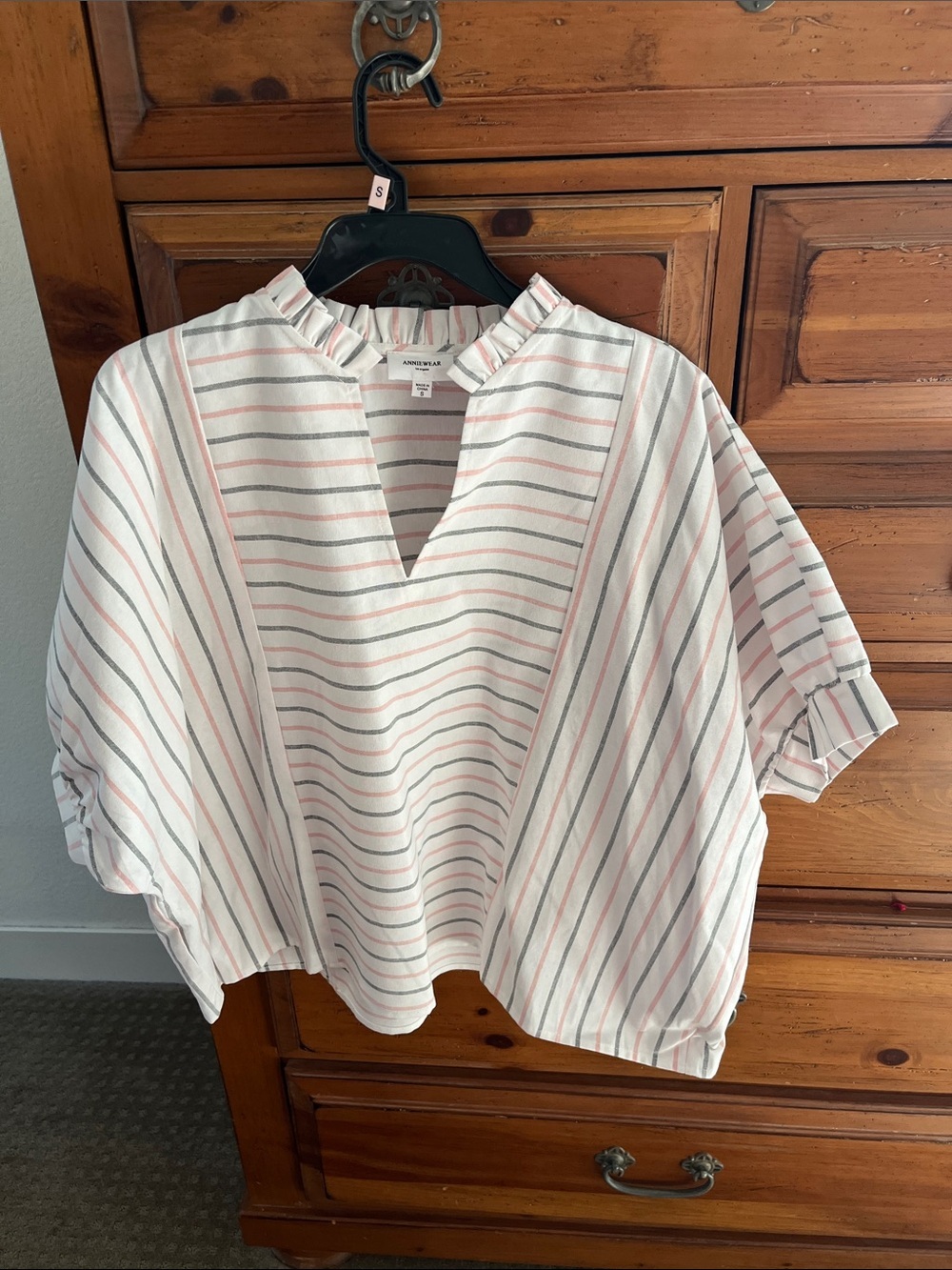 Anniewear Cream Striped Ruffle V-Notch Blouse NWOT